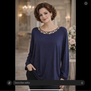 NWT Susan Graver XL Deep Blue Blouse Bejeweled Scoop Neckline  3/4 Bell Sleeves